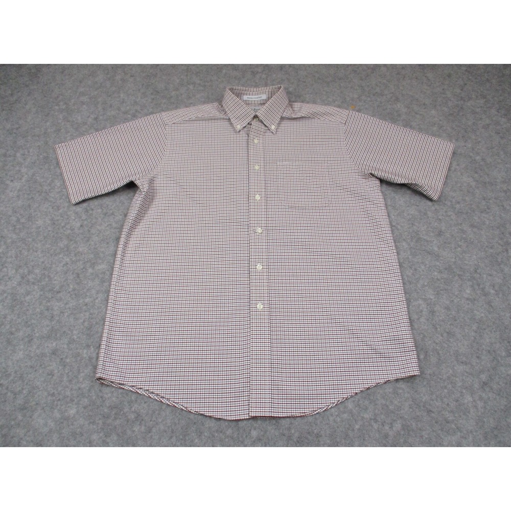 LL Bean Mens Medium 15.5 Red White Check Oxford Button Down Shirt Short Sleeve